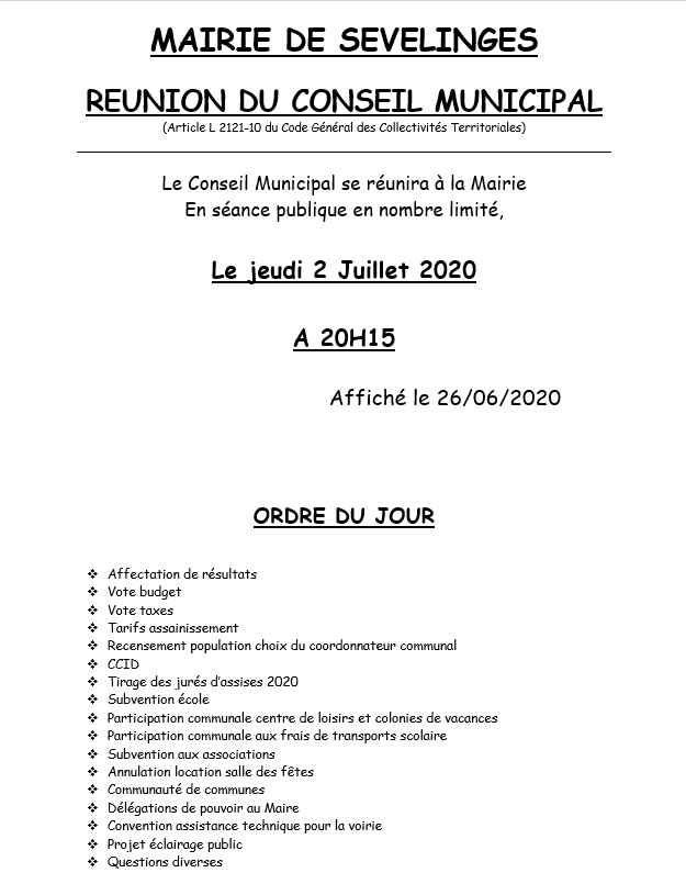 REUNION DU CONSEIL MUNICIPAL Jeudi 2 Juillet 2020 – Mairie Sevelinges